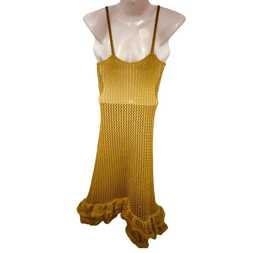 Y2k Mustard Yellow Crochet Knit Ruffle Hem Sexy Babydoll‎ Dress Large Party Club